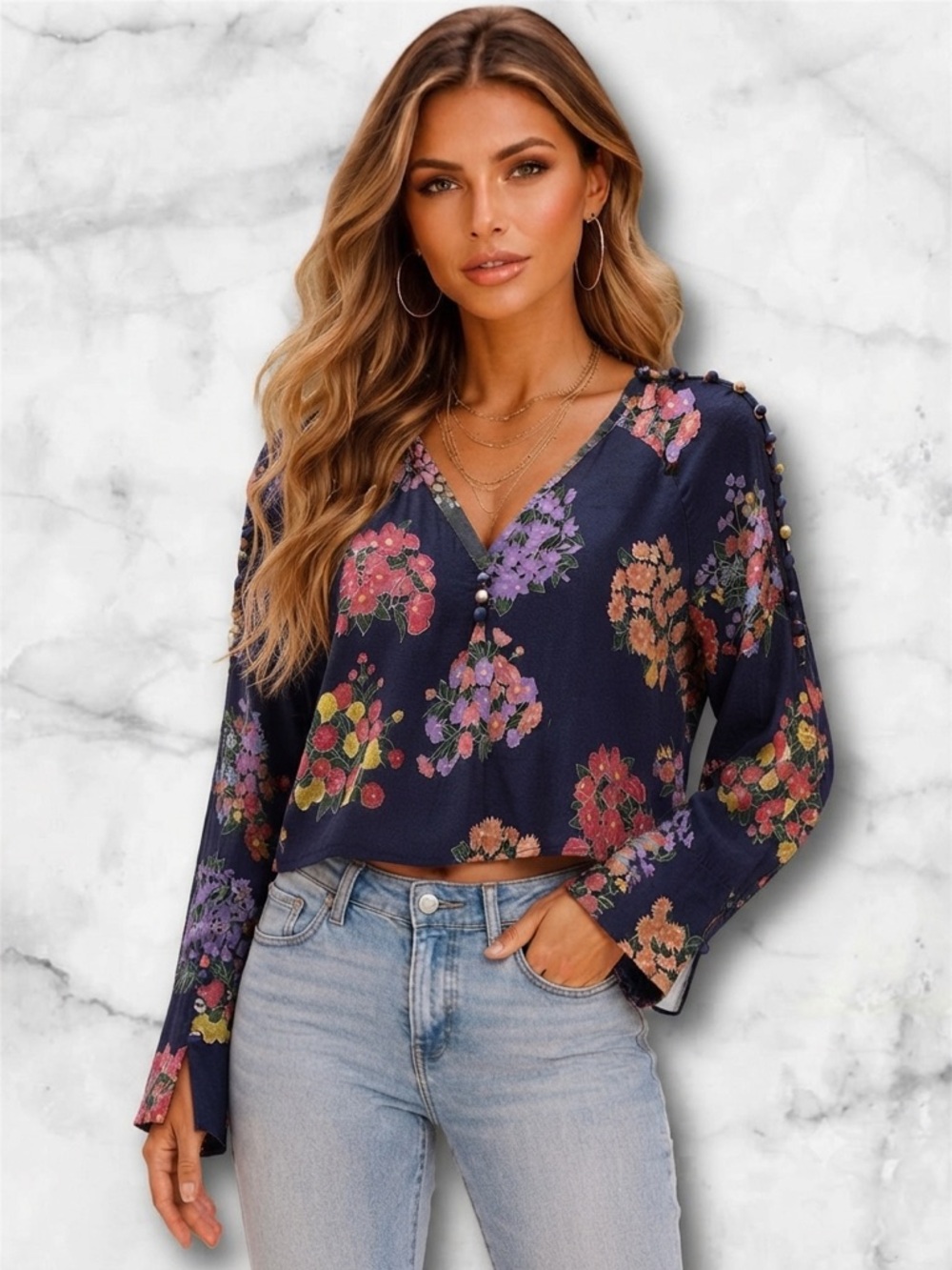 Zara Boho Navy Floral Button Accents Slit Cuffs Cropped Blouse Size XS